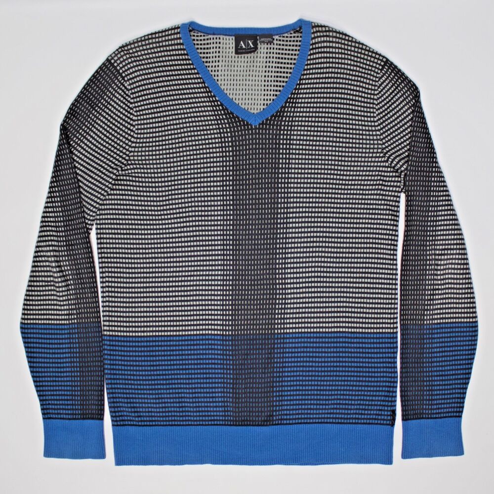 Armani Exchange Geometric Blue Black Gray Check Color Block V Sweater Men’s M